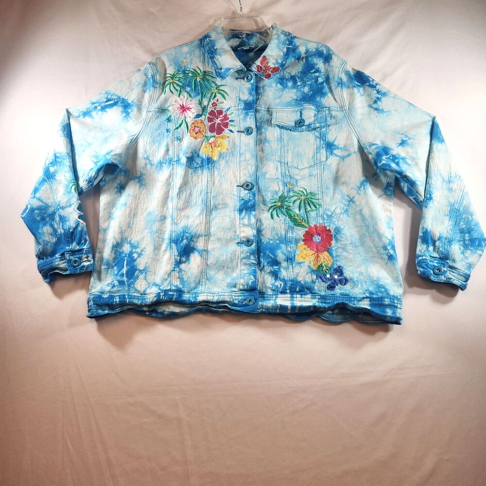 DG2 Diane Gilman Jean Jacket Size 2XL Blue White Tie Dye & Tropical Embroidered